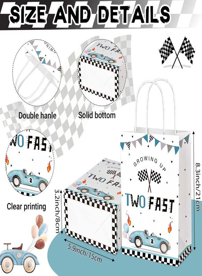Bolsome 24PCS Two Fast Racing Car Birthday Gift Bags with Checkered Tissue Paper, Blue Race Car Checkered Favors Bag with Handles for 2nd Birthday Party Supplies - Image 2